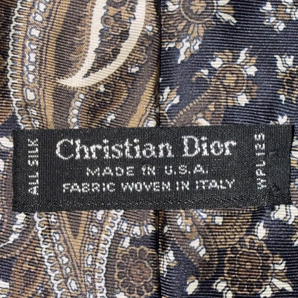 Christian Dior Silk Tie OS Navy Brown Paisley Floral Italian Fabric Made‎ in USA